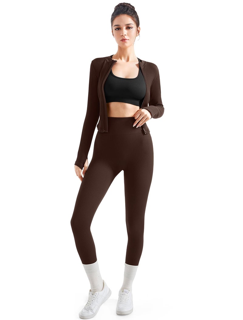 SUUKSESS Women 2 Piece Seamless Ribbed Workout Sets Tracksuit With Zip Up Jacket High Waisted Gym Yoga Leggings (Brown,XL) - Image 4