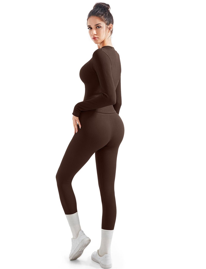 SUUKSESS Women 2 Piece Seamless Ribbed Workout Sets Tracksuit With Zip Up Jacket High Waisted Gym Yoga Leggings (Brown,XL) - Image 3