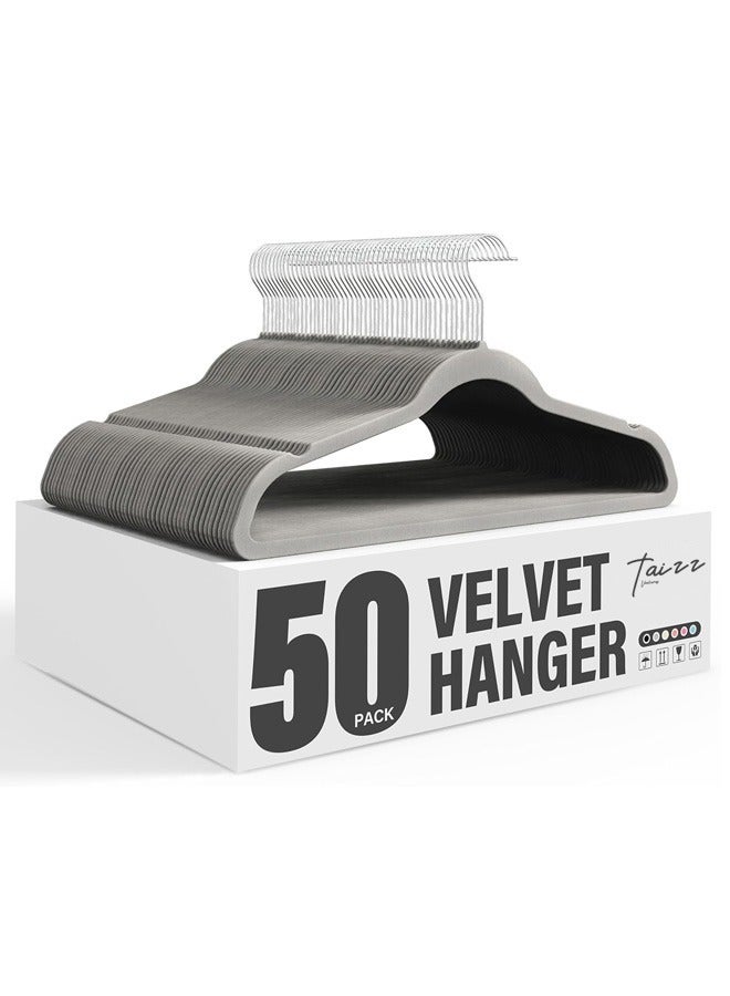 Taizz Ventures 50-Pack Non-Slip Velvet Hangers with Shoulder Notches, Space-Saving Ultra-Thin Design, 360° Swivel Hooks for Closet Organization, Velvet Clothes Hangers - Grey - Image 1