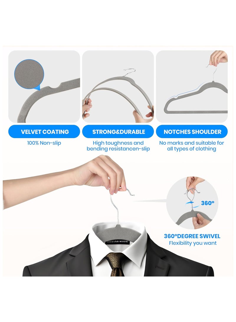 Taizz Ventures 50-Pack Non-Slip Velvet Hangers with Shoulder Notches, Space-Saving Ultra-Thin Design, 360° Swivel Hooks for Closet Organization, Velvet Clothes Hangers - Grey - Image 3