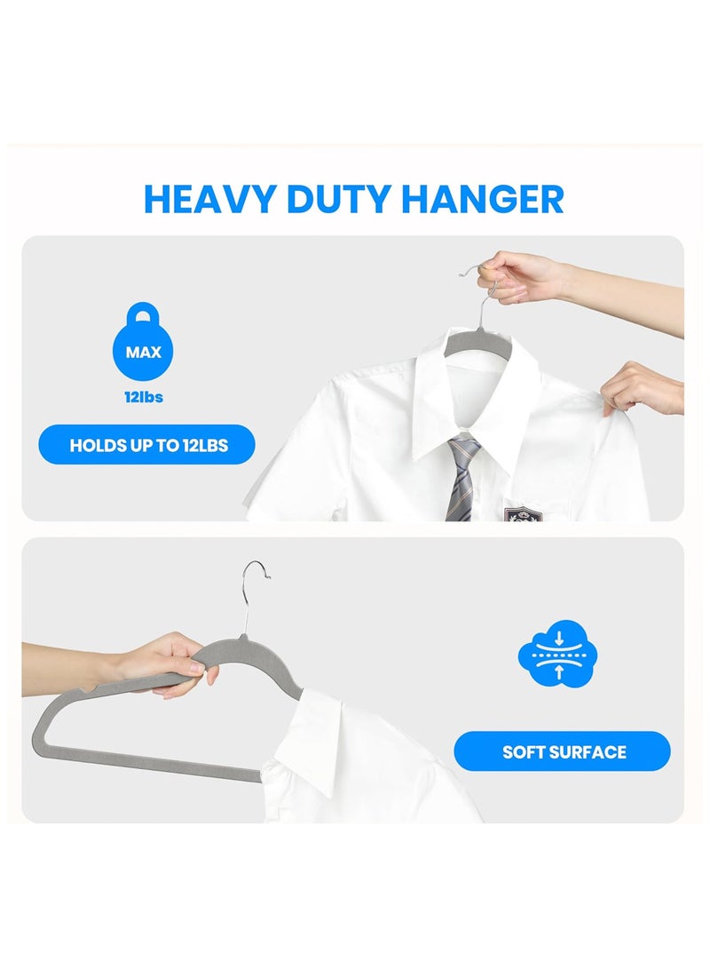 Taizz Ventures 50-Pack Non-Slip Velvet Hangers with Shoulder Notches, Space-Saving Ultra-Thin Design, 360° Swivel Hooks for Closet Organization, Velvet Clothes Hangers - Grey - Image 4