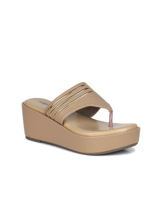 She Zone صنادل كعب ويدج بيج للنساء - Image 2