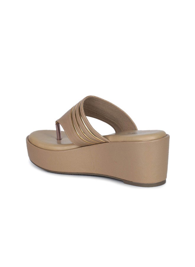 She Zone صنادل كعب ويدج بيج للنساء - Image 3