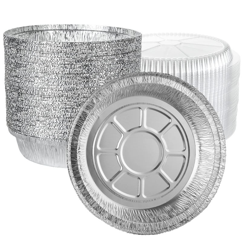 LOLYSIC 50 Pack 7 Inch Round Foil Trays with Lids 720ml Aluminum Foil Containers Disposable Tin Foil Trays Flan Pie Dishes for Air Fryer Oven Baking Roasting Takeaway Party Food Storage