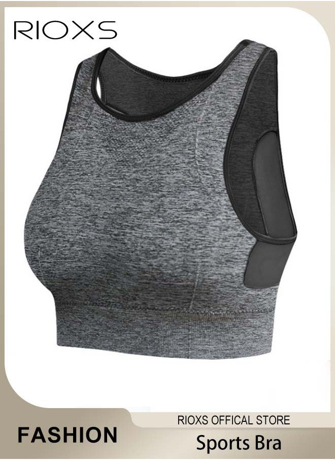 RIOXS - Seamless Sports Bra, Wirefree Yoga Bra with Removable Pads for Women, Full Coverage Bra with Mesh Panel in the Back, Especially Designed for the Medium and High Impact Sport - Image 1