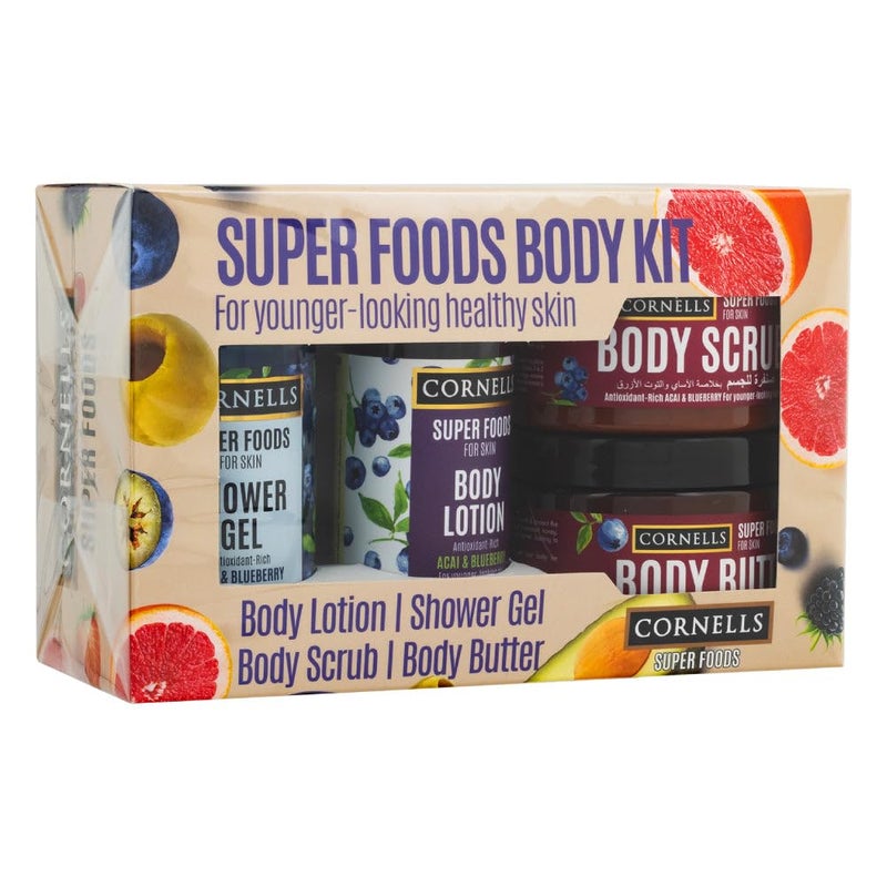 Cornells Wellness Super Foods For Complete Face & Body Care Acai & Blueberry 4 Pieces Gift Set, Shower Gel 120ml, Lotion 120ml, Scrub 150ml, Butter 150ml, Travel Set, For All Skin Types