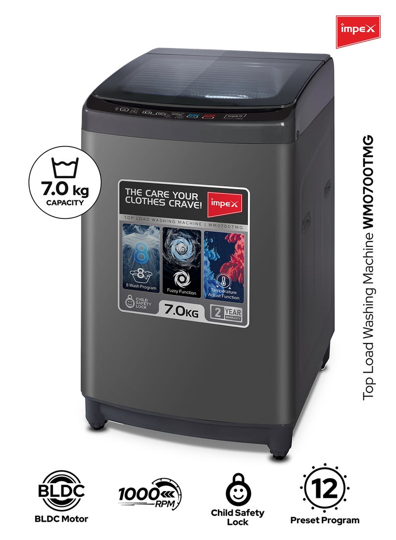 Impex 7Kg Fully Automatic Top Load Washing Machine,8 Wash Program And Temperature Adjustment, Hot&Cold Water Inlet, Fuzzy Function, Detergent Dispenser Tray, Child Safety Lock 7 kg WM0700TMG Dark Grey - Image 1