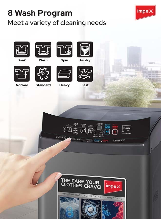 Impex 7Kg Fully Automatic Top Load Washing Machine,8 Wash Program And Temperature Adjustment, Hot&Cold Water Inlet, Fuzzy Function, Detergent Dispenser Tray, Child Safety Lock 7 kg WM0700TMG Dark Grey - Image 4