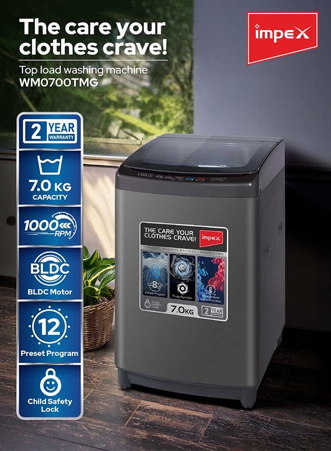 Impex 7Kg Fully Automatic Top Load Washing Machine,8 Wash Program And Temperature Adjustment, Hot&Cold Water Inlet, Fuzzy Function, Detergent Dispenser Tray, Child Safety Lock 7 kg WM0700TMG Dark Grey - Image 2