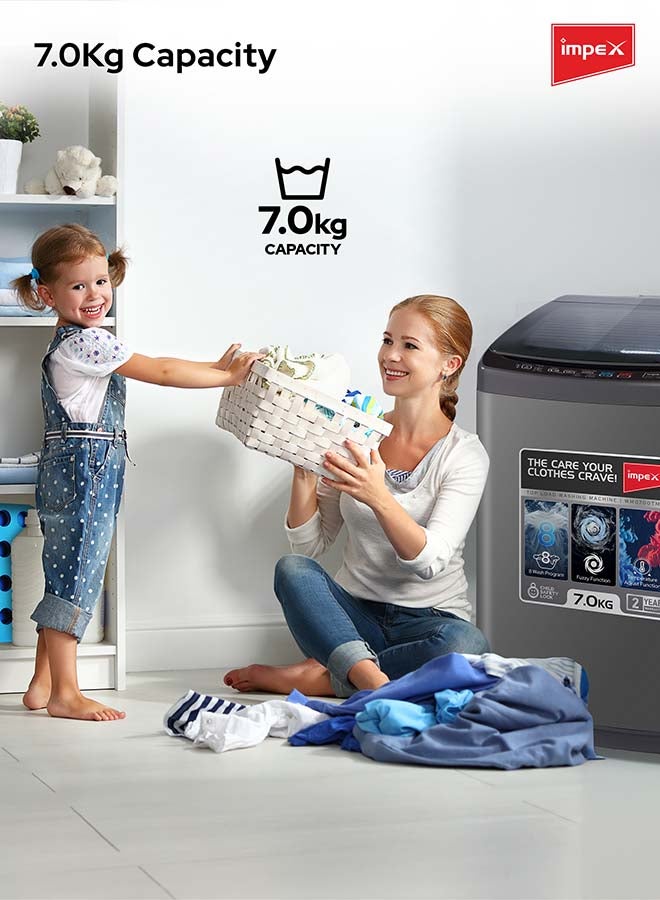 Impex 7Kg Fully Automatic Top Load Washing Machine,8 Wash Program And Temperature Adjustment, Hot&Cold Water Inlet, Fuzzy Function, Detergent Dispenser Tray, Child Safety Lock 7 kg WM0700TMG Dark Grey - Image 3
