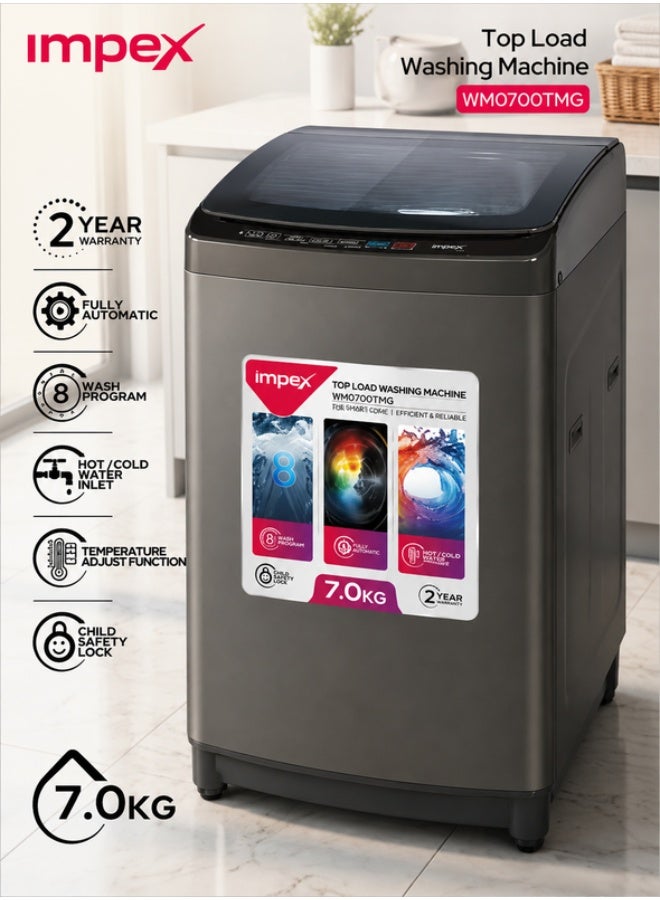 Impex 7Kg Fully Automatic Top Load Washing Machine,8 Wash Program And Temperature Adjustment, Hot&Cold Water Inlet, Fuzzy Function, Detergent Dispenser Tray, Child Safety Lock 7 kg WM0700TMG Dark Grey - Image 1