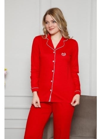 Bie's Women's White Piped Shirt Collar Front Buttoned Pocket Long Sleeve Seasonal Cotton Lycra Pajama Set  - Image 1