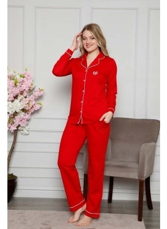 Bie's Women's White Piped Shirt Collar Front Buttoned Pocket Long Sleeve Seasonal Cotton Lycra Pajama Set  - Image 3