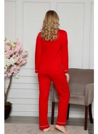Bie's Women's White Piped Shirt Collar Front Buttoned Pocket Long Sleeve Seasonal Cotton Lycra Pajama Set  - Image 4