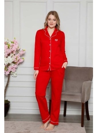 Bie's Women's White Piped Shirt Collar Front Buttoned Pocket Long Sleeve Seasonal Cotton Lycra Pajama Set  - Image 5