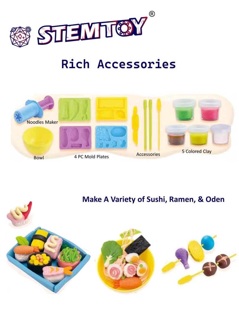STEMTOY DIY Playdough Set Sushi & Ramen Play Dough Tool Kit with 5 Colors Clay, 4 Mold boards, Noodle Maker, Creative Role-Play Toy for Kids, Fun Cooking Pretend Play for Boys & Girls Ages 3+, Birthday Gift  - Image 2