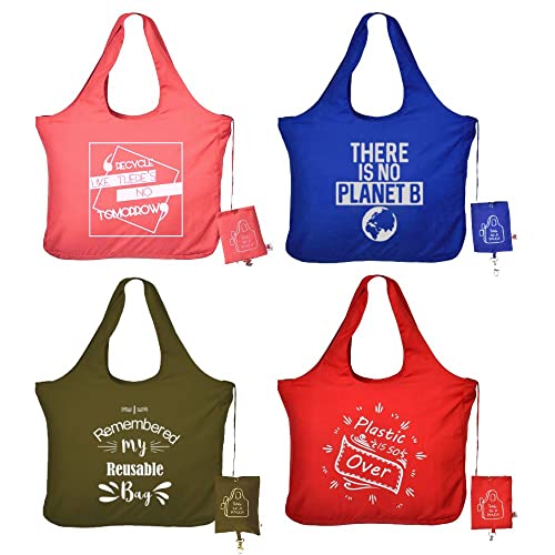 IVILLAGE Foldable Reusable Bags for Shopping and Daily Essentials | Stylish Designer Tote & Shopper Bag | Compact, Lightweight, and Eco-Friendly with 12Kg Capacity - Multicolor - Pack of 4 - Image 1