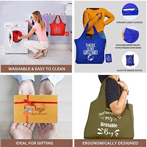IVILLAGE Foldable Reusable Bags for Shopping and Daily Essentials | Stylish Designer Tote & Shopper Bag | Compact, Lightweight, and Eco-Friendly with 12Kg Capacity - Multicolor - Pack of 4 - Image 4