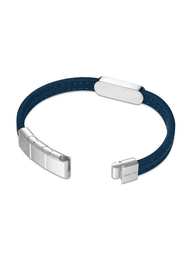 CERRUTI 1881 - Ettore Navy Flat Leather and Stainless Steel Center Motif Bracelet for Men - Image 1