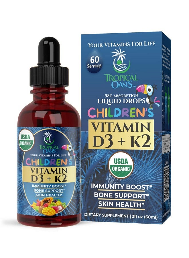 تروبيكال أويسيز قطرات فيتامين د٣ ك٢ السائلة العضوية من وزارة الزراعة الأمريكية | مكمل غذائي لفيتامين د٣ ك٢ للأطفال والصغار من عمر سنة فما فوق | مكمل غذائي للأطفال لامتصاص الكالسيوم وعظام قوية | نباتي، غير معدل وراثيًا | ٢ أونصة سائلة - Image 1