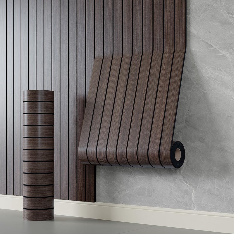 YLL YLL PVC Slat Wall Panel Peel and Stick 118"x 15.7" Faux Smoked Wood Grain Slat Panel Self-Adhesive Wallpaper Soundproof 3D Wall Panels - Image 1