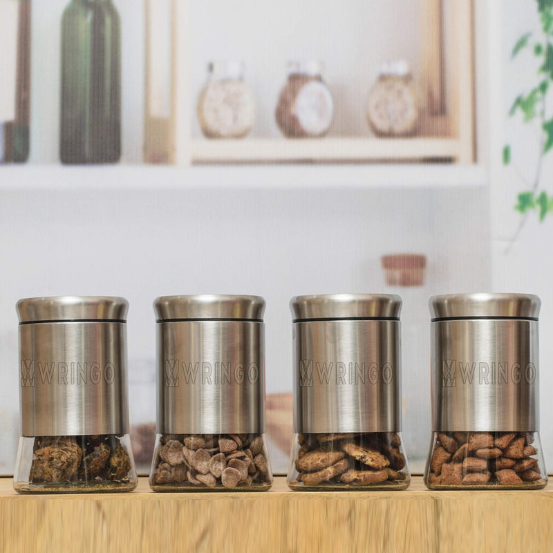 WRINGO 850MlStainless Steel Canister Glass Jar With Lid,Premium Pantry Organizers Containers & Perfect Kitchen Storage For Canning Cereal,Coffee,Sugar,Tea,Pasta & Beans Containers Set Of 4,Multicolor - Image 2