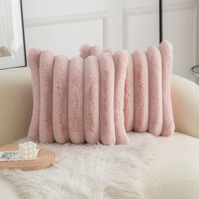 PINK FAUX FUR COZY SOFT STRIPED DECORATIVE THROW PILLOW COVERS 18X18 INCH SET OF 2VELVET PILLOWCASE CUSHION CASE FOR SOFA COUCH