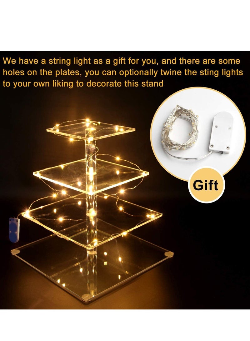 عربست حامل كب كيك - حامل كب كيك ممتاز - عرض برج كب كيك أكريليك - ديكور بار للحفلات - عرض أكريليك 4 طبقات للمعجنات + سلسلة إضاءة LED - مثالي لحفلات الزفاف وأعياد الميلاد (ضوء أصفر) - Image 2