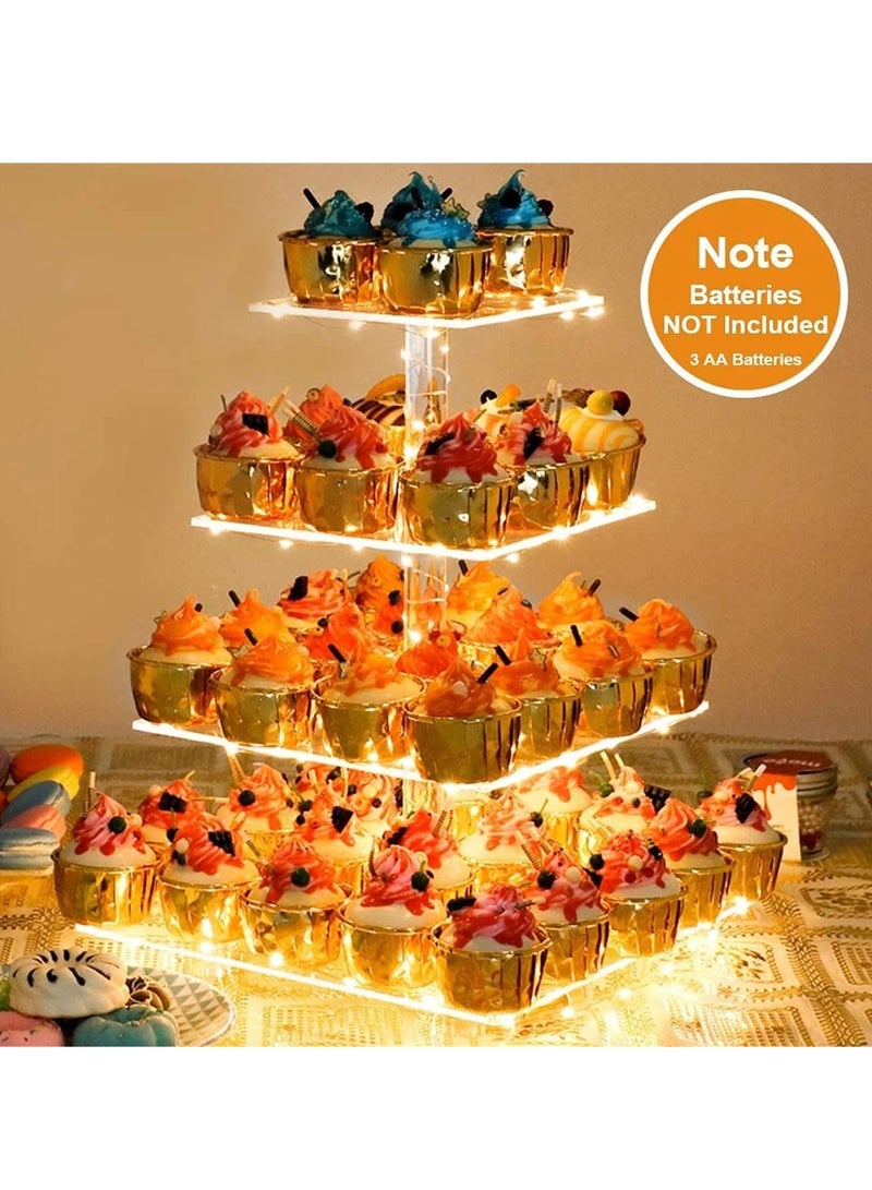 عربست حامل كب كيك - حامل كب كيك ممتاز - عرض برج كب كيك أكريليك - ديكور بار للحفلات - عرض أكريليك 4 طبقات للمعجنات + سلسلة إضاءة LED - مثالي لحفلات الزفاف وأعياد الميلاد (ضوء أصفر) - Image 3