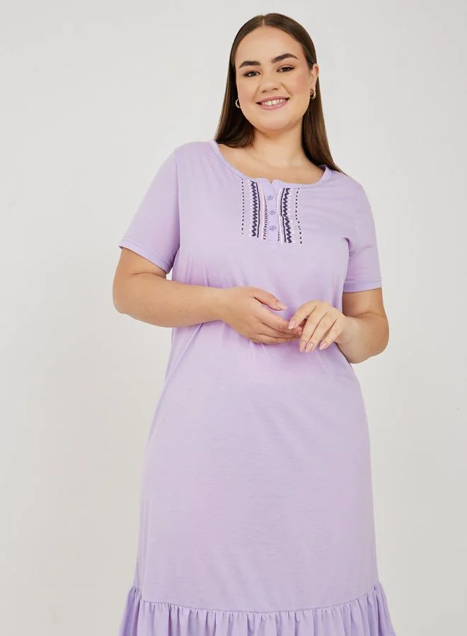 Styli Plus Henley Neck Ruffle Hem Sleep T-Shirt Dress