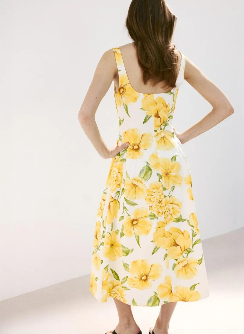 Mango Floral-Print Dress With Gathered Waist