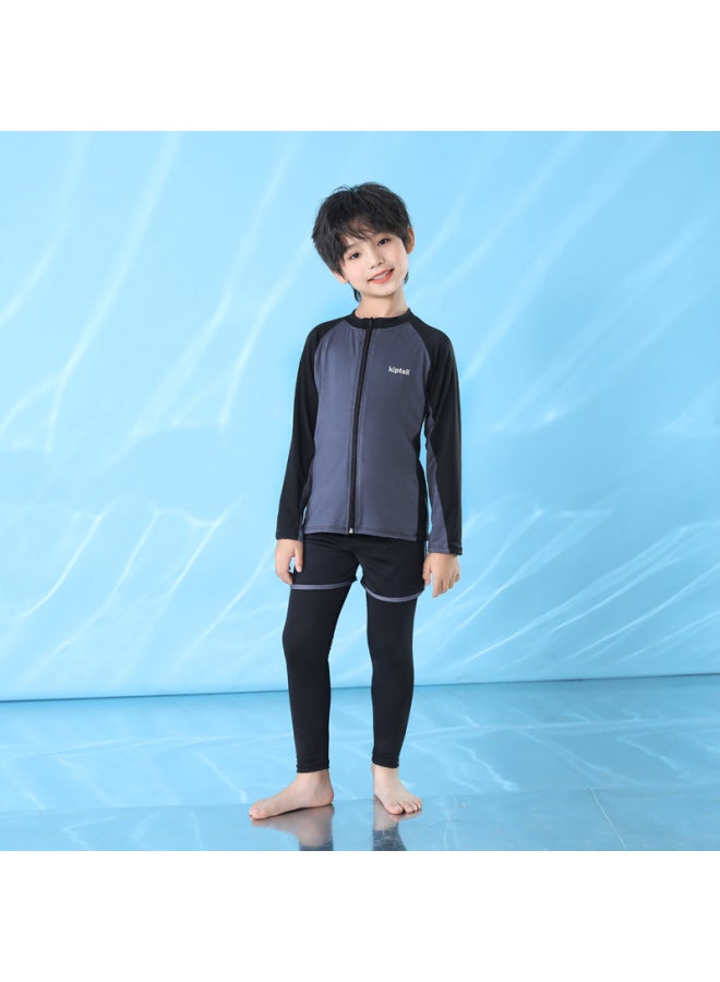 Loquat Children's Swimsuit Long-sleeved Trousers Sunscreen Swimsuit For Men And Women And Big Children Split Surfer Suit Parent-child Zipper Quick-drying Wetsuit-Color:Boy Gray- - Image 1