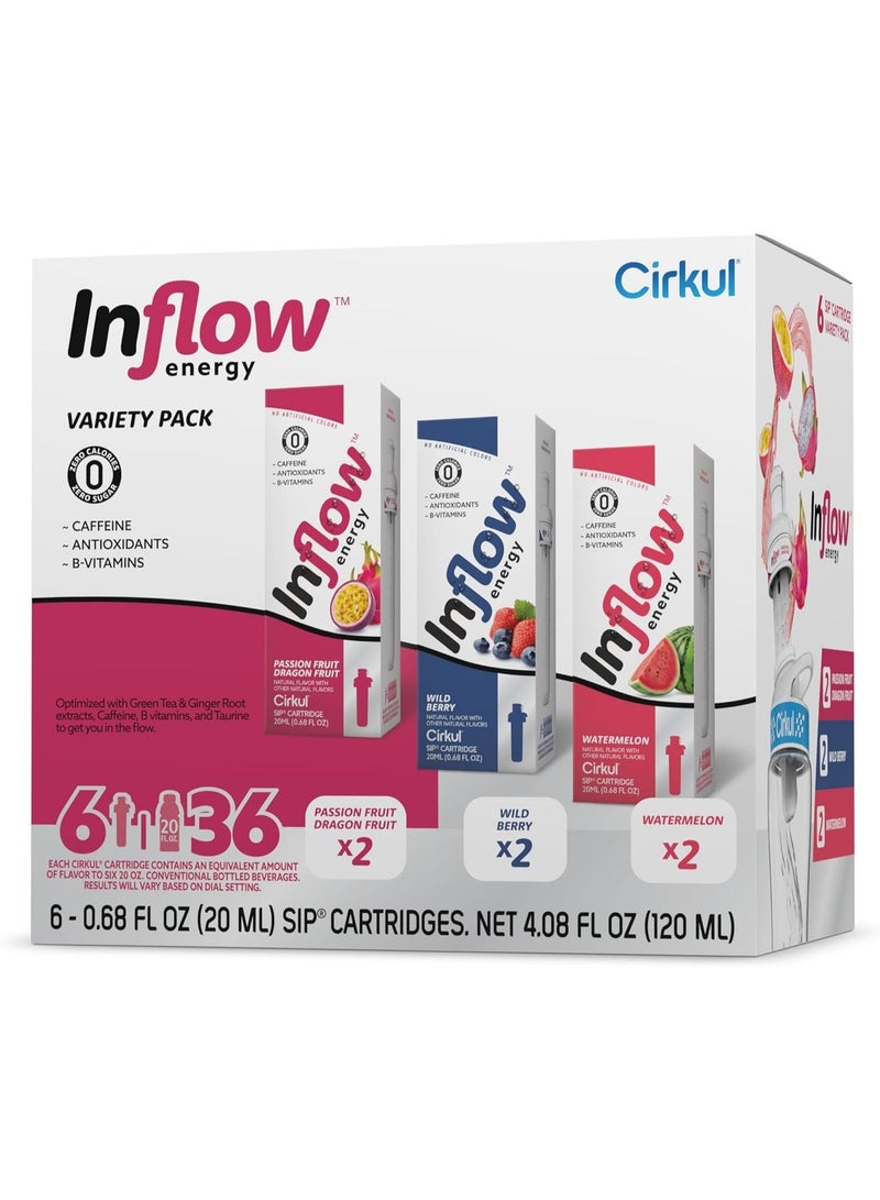 Cirkul Inflow Energy Caffeine Flavor Water Variety Pack, Makes 36 Drinks, No Sugar, Zero Calorie Drink Mix, (2 Passion Fruit Dragon Fruit, 2 Wild Berry, 2 Watermelon) - Image 1
