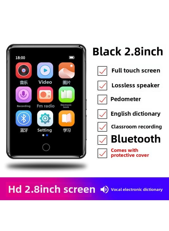 2024 Mp3 Full Screen Mp4 Walkman Student Music Player Mp5 Ultra-thin Practical External Version-Color:2.8inch Touch Screen [black Metal Version With Bluetooth] 8g-Capacity:Package 2 [hifi Subwoofer Headphones] - Image 1