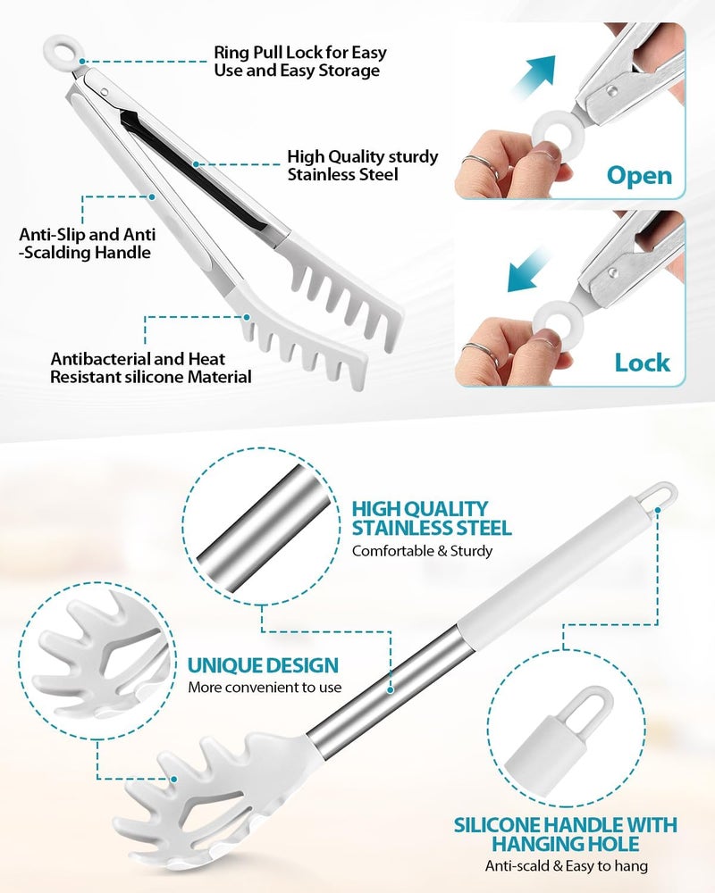 DaiRen Kitchen Spaghetti Spoon and Pasta Tong, Non-stick Silicone Spoon Server Fork with teeth and Stainless Steel Handle Spaghetti Tong, Food Clip for Spaghetti Noodle, White - Image 3