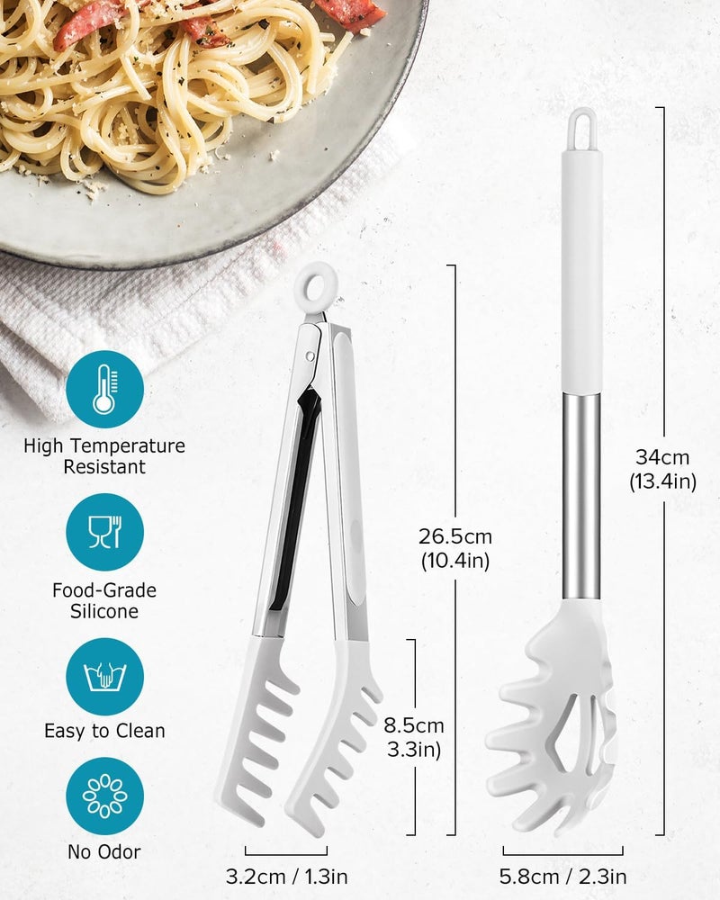 DaiRen Kitchen Spaghetti Spoon and Pasta Tong, Non-stick Silicone Spoon Server Fork with teeth and Stainless Steel Handle Spaghetti Tong, Food Clip for Spaghetti Noodle, White - Image 2