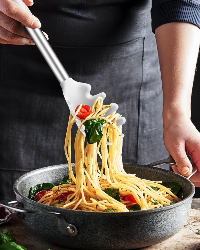 DaiRen Kitchen Spaghetti Spoon and Pasta Tong, Non-stick Silicone Spoon Server Fork with teeth and Stainless Steel Handle Spaghetti Tong, Food Clip for Spaghetti Noodle, White - Image 5