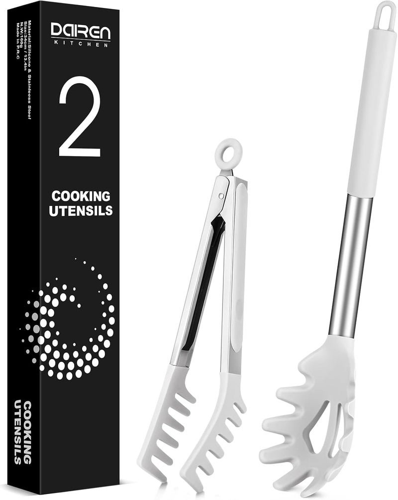 DaiRen Kitchen Spaghetti Spoon and Pasta Tong, Non-stick Silicone Spoon Server Fork with teeth and Stainless Steel Handle Spaghetti Tong, Food Clip for Spaghetti Noodle, White - Image 1