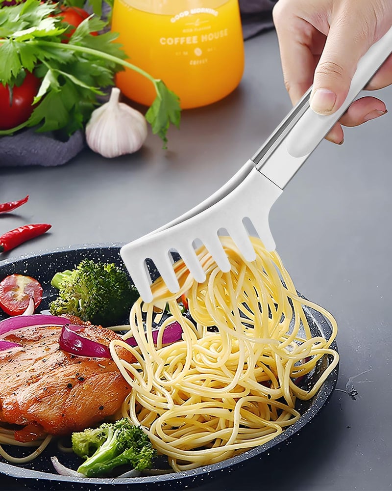 DaiRen Kitchen Spaghetti Spoon and Pasta Tong, Non-stick Silicone Spoon Server Fork with teeth and Stainless Steel Handle Spaghetti Tong, Food Clip for Spaghetti Noodle, White - Image 4
