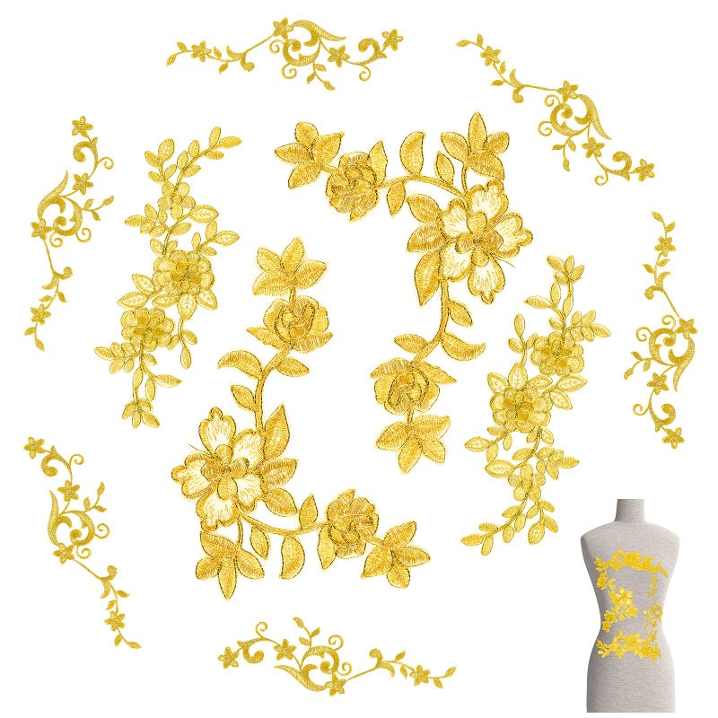 WILLBOND 10 Pieces Gold Flower Appliques Gold Lace Embroidery Patch Applique Sewing Fabric Craft Decoration Lace Patch Embroidered Appliques for Crafting Wedding Prom Dress Jeans Clothes