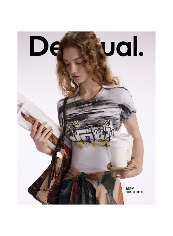 DESIGUAL women's T-shirt With Black Palm Tree Landscape Print - 25 Spring/summer Collection - Image 5