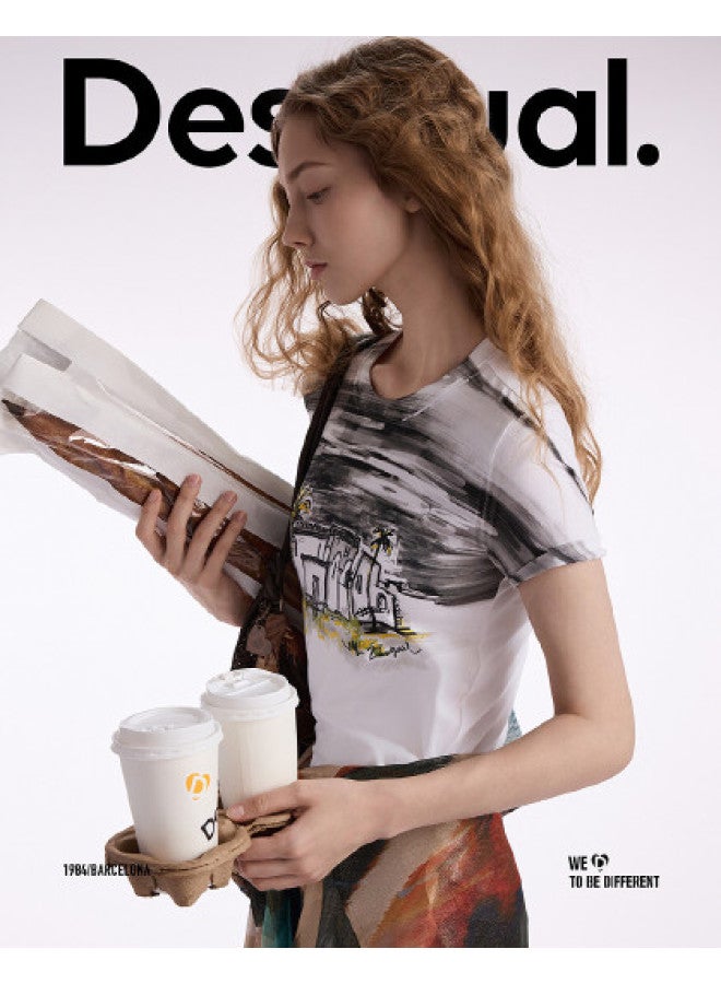 DESIGUAL women's T-shirt With Black Palm Tree Landscape Print - 25 Spring/summer Collection - Image 1