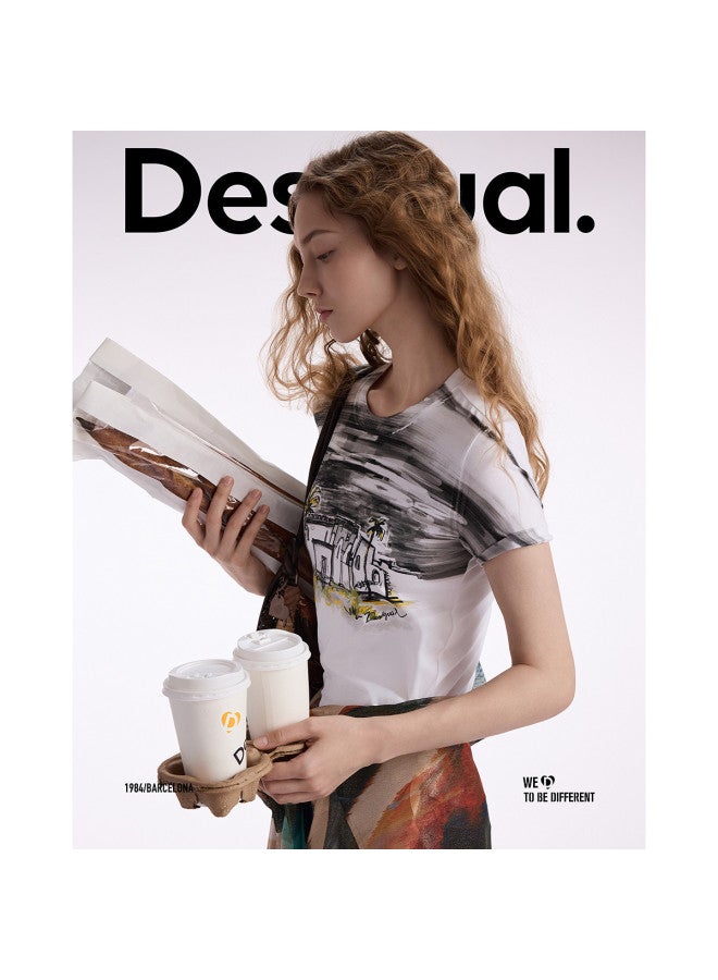 DESIGUAL women's T-shirt With Black Palm Tree Landscape Print - 25 Spring/summer Collection - Image 2