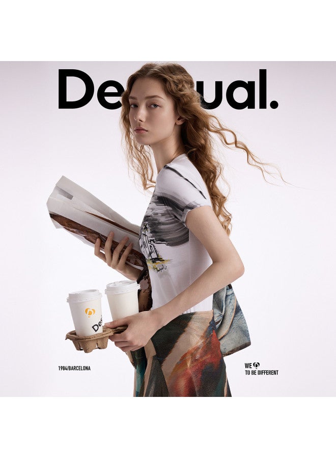 DESIGUAL women's T-shirt With Black Palm Tree Landscape Print - 25 Spring/summer Collection - Image 3