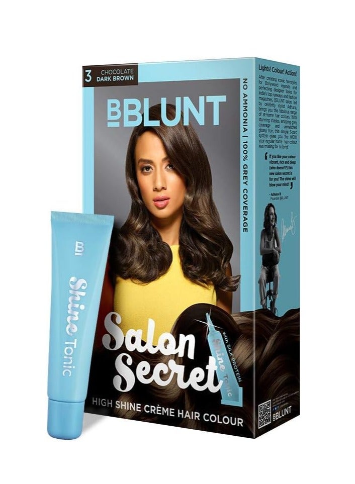 BBlunt Salon Secret High Shine Creme Hair Colour, Chocolate Dark Brown 3, 100G With Shine Tonic, 8 ml - Image 1