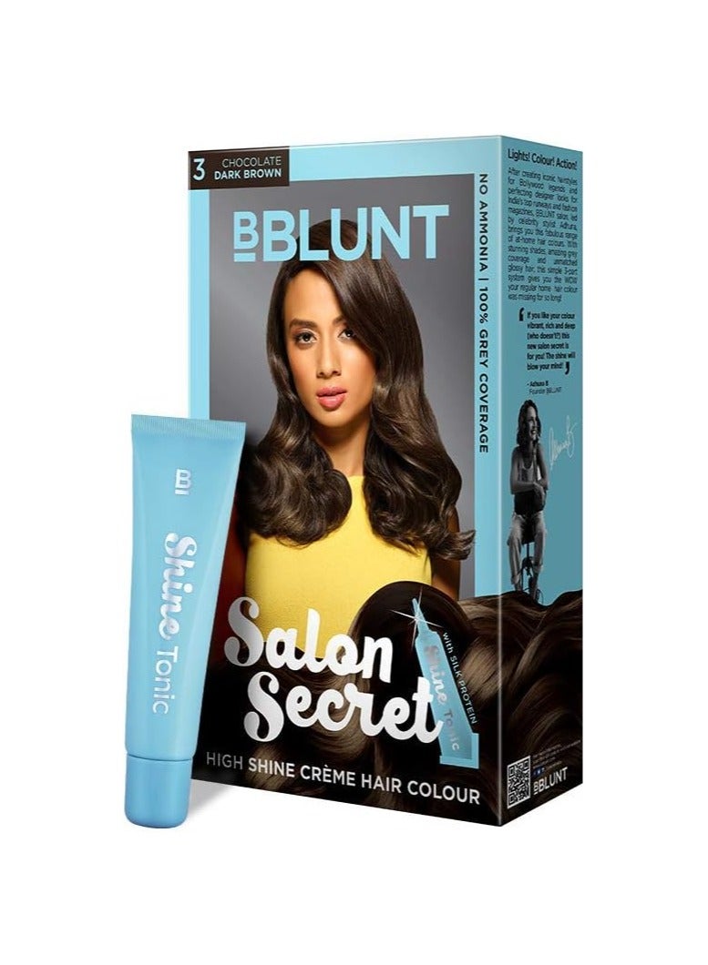 BBlunt Salon Secret High Shine Creme Hair Colour, Chocolate Dark Brown 3, 100G With Shine Tonic, 8 ml - Image 1