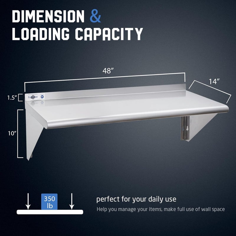 Profeeshaw NSF Stainless Steel Shelf 14” x 48”, 350 lb Commercial Shelves Wall Mounted Metal Shelving with Backsplash and 2 Brackets for Restaurant, Bar, Utility Room, Kitchen and Garage - Image 3