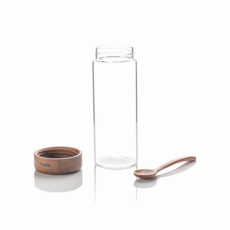 Billi glass bottle with wooden lid & spoon 15 cm - Image 3