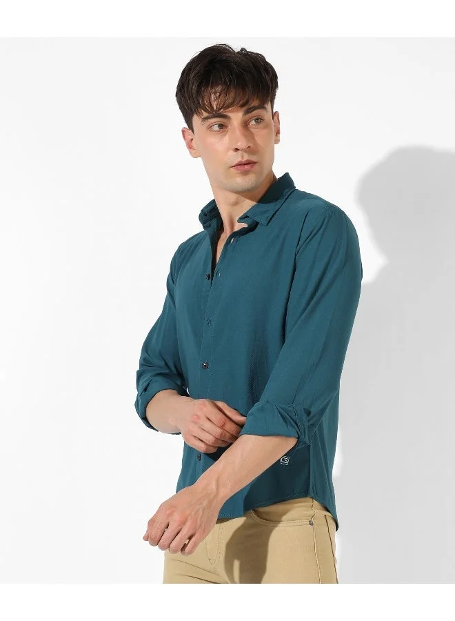 Campus Sutra Men's Solid Teal Blue Regular Fit Casual Shirt
