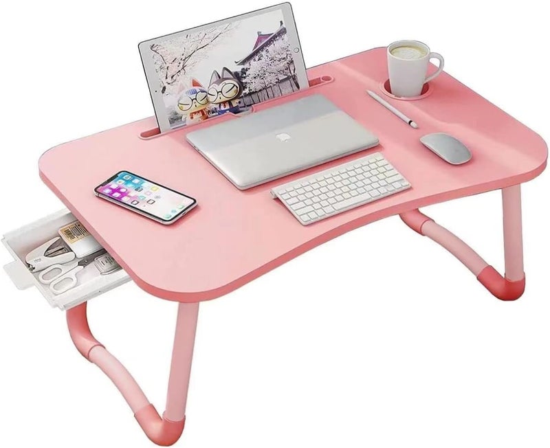 Kylinbigda Laptop Desk Foldable Bed Table, Portable Lap Desk Laptop Bed Tray Table with Storage Drawer and Cup Holder, Lap Tray Table Notebook Stand Reading Desk Breakfast Tray for Bed Couch Sofa Floor – Pink - Image 1